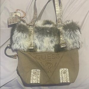 Guess Tan and Silver Tote with Faux Fur